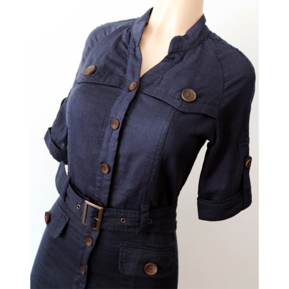 Navy Belted Button Down Safari Utility Shirt Dress - Picture 2 of 8